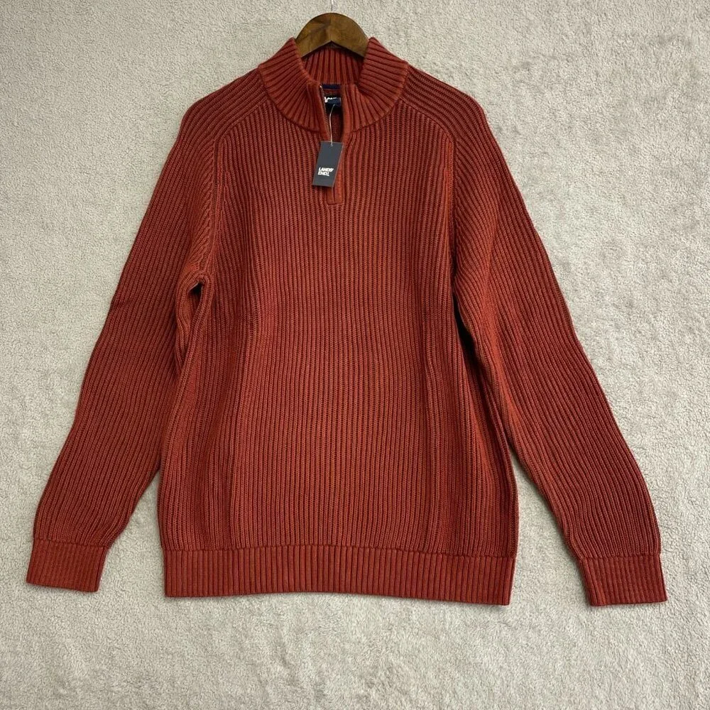 NEW Lands' End Drifter Men's L 1/4 Zip Sweater Rust Red 100% Cotton
